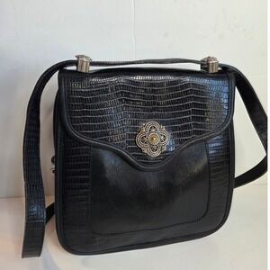 Vintage Brighton Womens‎ Leather Croc Black Bag Purse Heavy Shoulder 751924